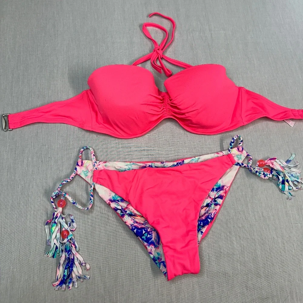 Victoria's Secret Push Up Bikini Reversible Bottoms size L 36DD Fringe Hot Pink - Picture 1 of 6